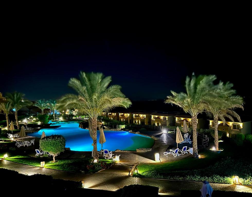 a resort with a pool at night with palm trees at Telal Al Sukhna Only families in Ain Sokhna