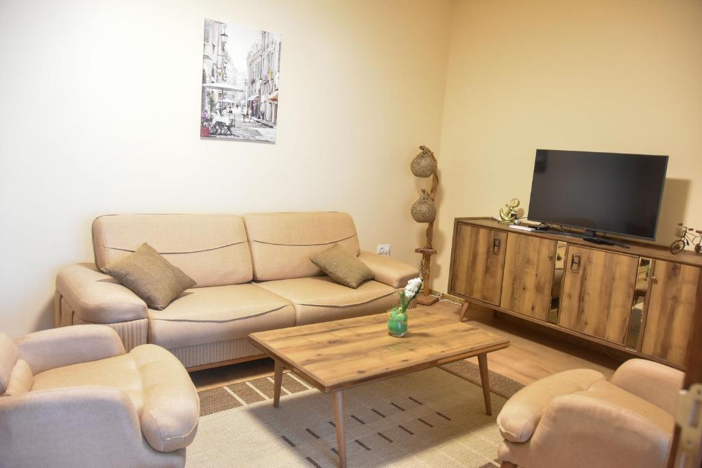 a living room with a couch and a tv at Trimaya apartment - comfort in the top city center in Varna City