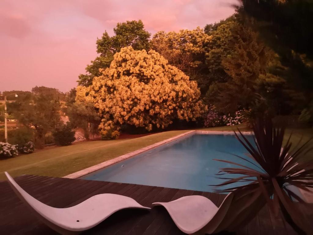 una piscina en un patio con un árbol en Casa de Levandeiras en Barcelos