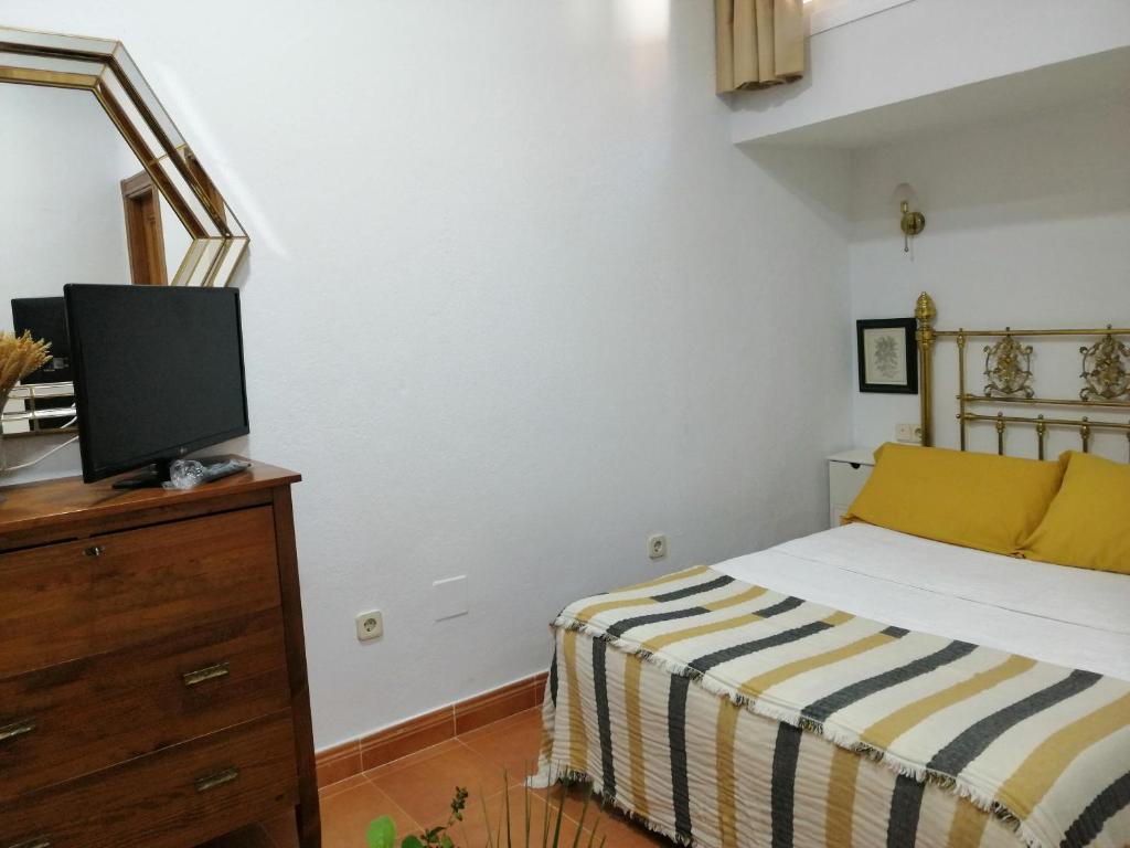 una camera con letto e TV su un comò di Acogedora Suite con entrada independiente a El Puerto de Santa María