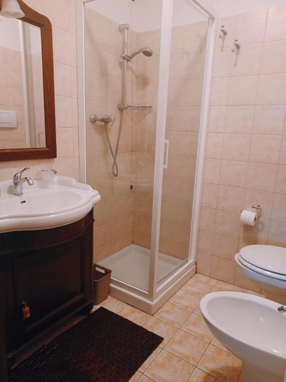 łazienka z prysznicem, umywalką i toaletą w obiekcie Locanda Lac Place Moulin w mieście Bionaz