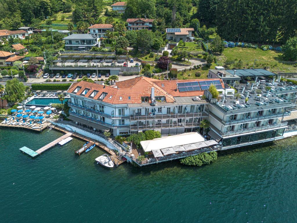 an aerial view of a hotel on the water at Giardinetto in Pettenasco