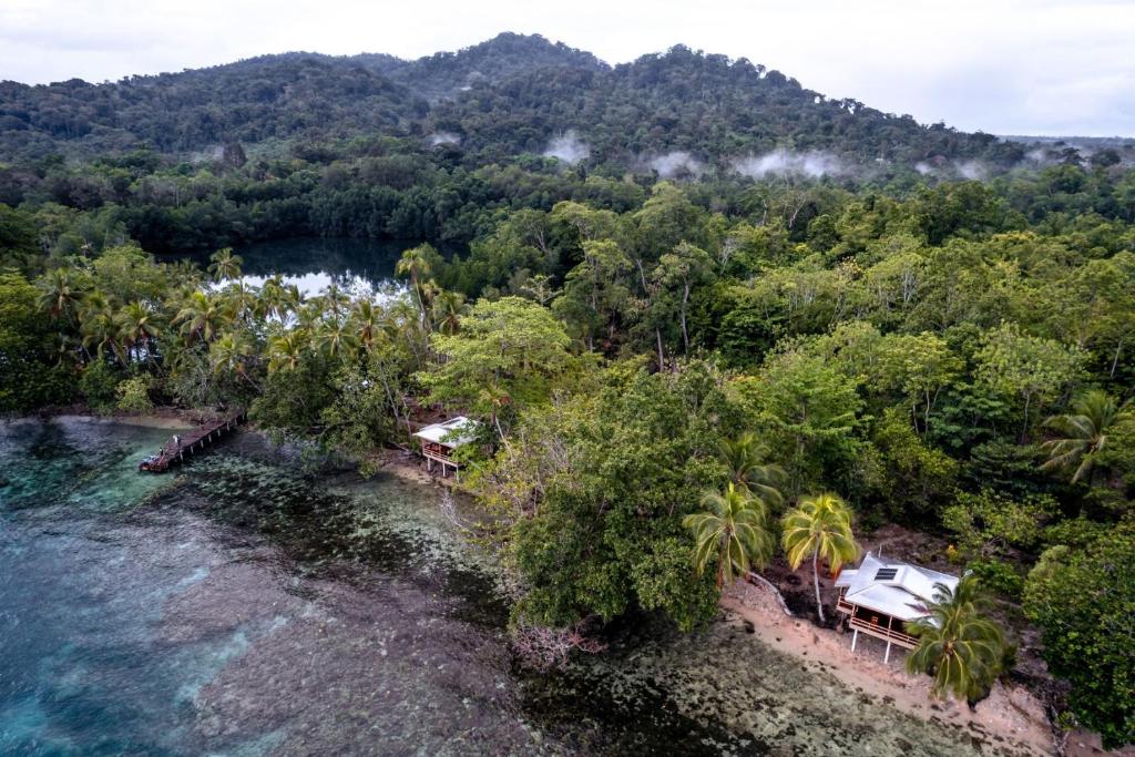 an aerial view of the resort and the water at Leleana Resort Kolombangara Island 
