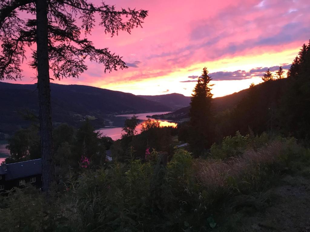 a sunset with a view of a lake at Glomstad Gjestehus in Tretten