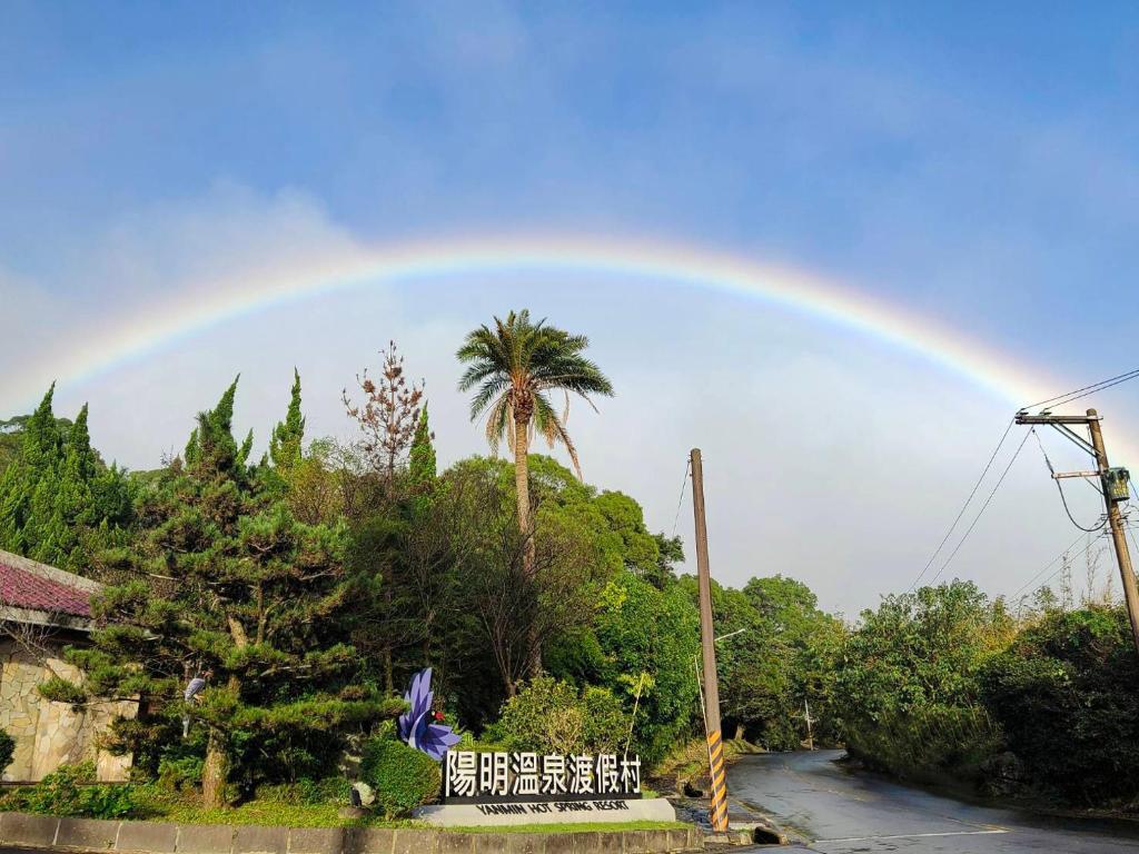 台北的住宿－陽明溫泉度假村，棕榈树下天上的彩虹