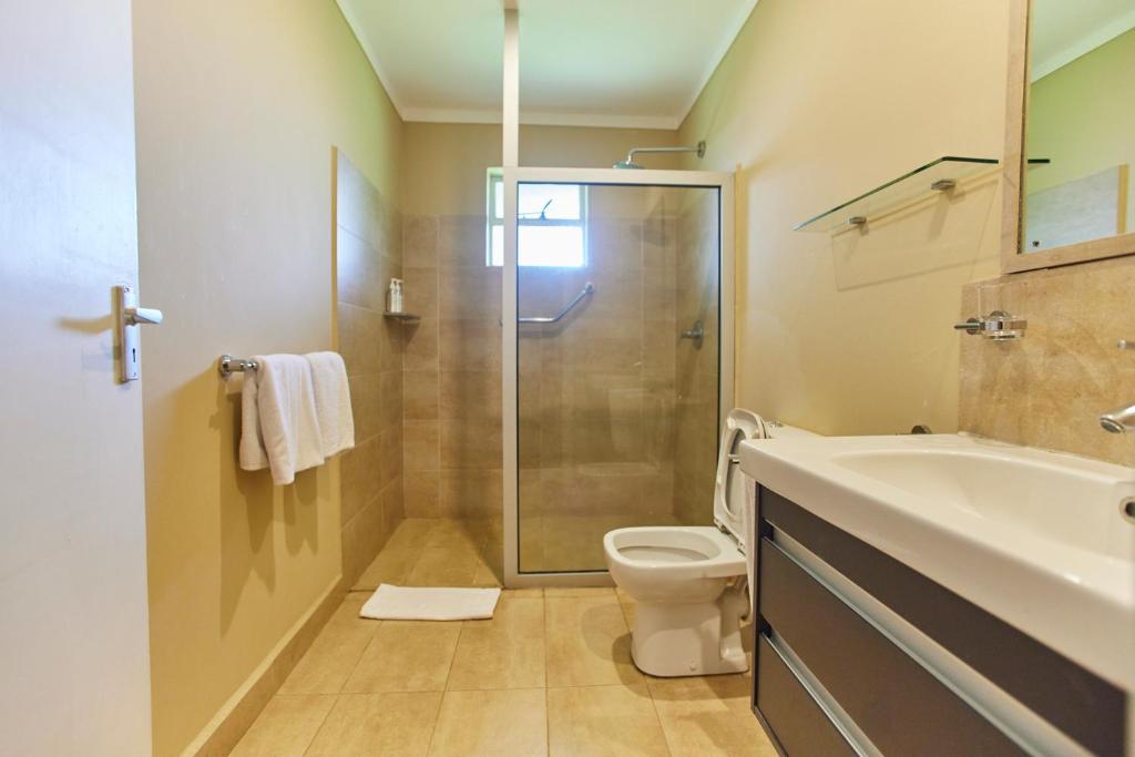 a bathroom with a shower and a sink and a toilet at Aero Club of East Africa in Nairobi