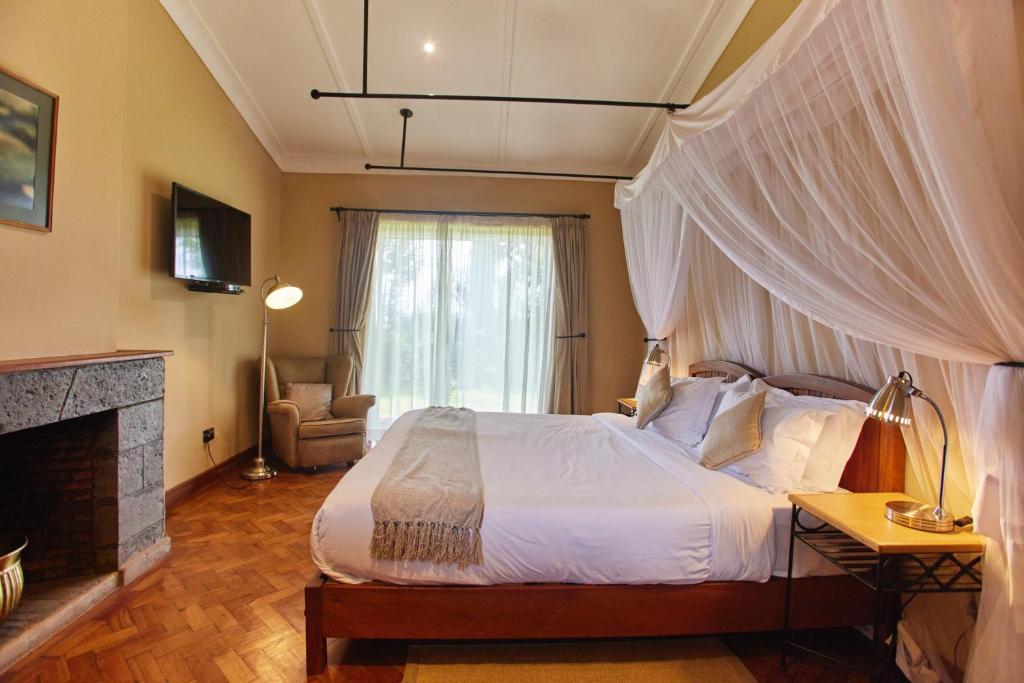 a bedroom with a bed and a fireplace and a window at Aero Club of East Africa in Nairobi