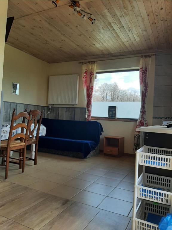 ein Wohnzimmer mit einem blauen Sofa und einem Fenster in der Unterkunft KAPITAŃSKA 88 in Chłopy