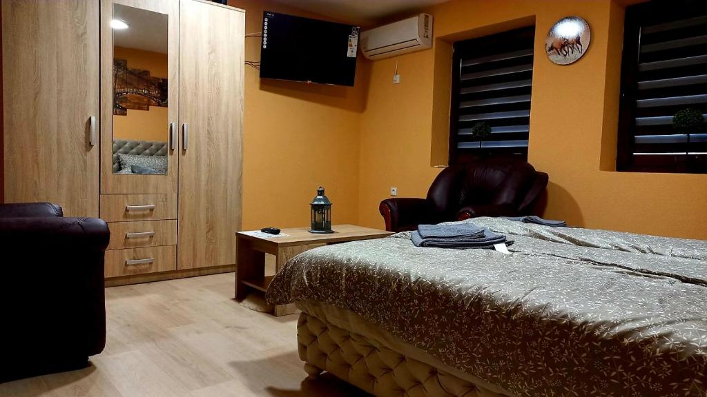 1 dormitorio con cama, silla y escritorio en Sobe - Palasthy, en Novi Bečej