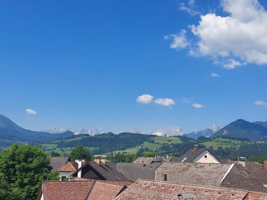 una ciudad con casas y montañas en el fondo en Haus Jezek, en Windischgarsten