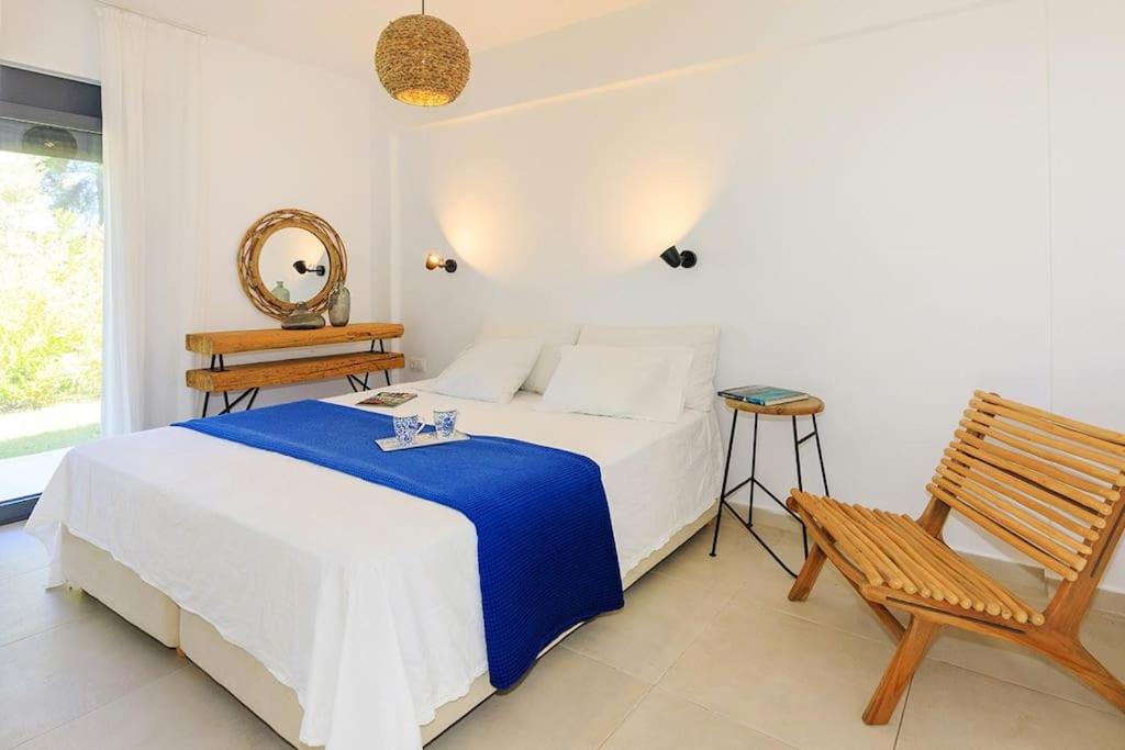 a bedroom with a bed and a chair and a mirror at Dilean luxury villa in Vourvourou