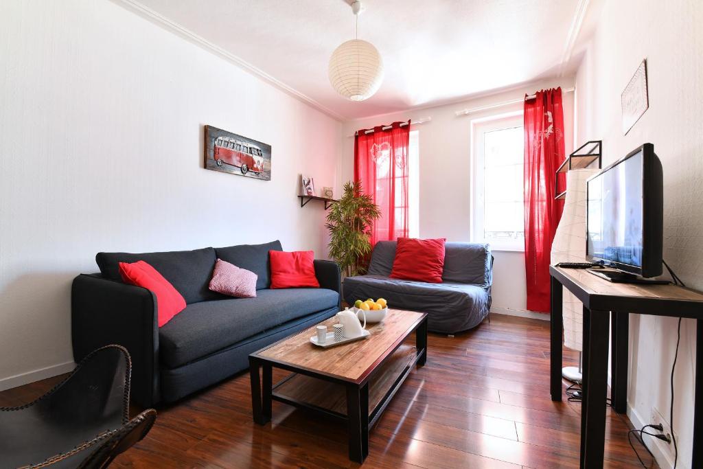 a living room with a couch and a tv at Appartement Les Cigognes du Centre in Colmar