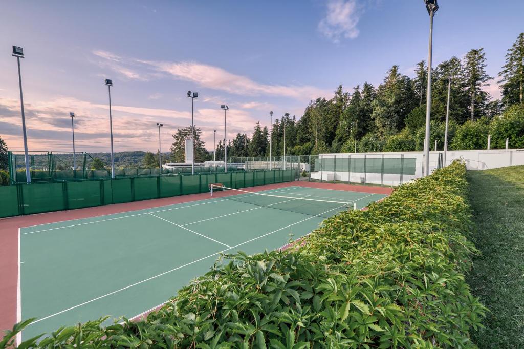 a tennis court with a hedgeablish at Rixos-Prykarpattya Resort in Truskavets