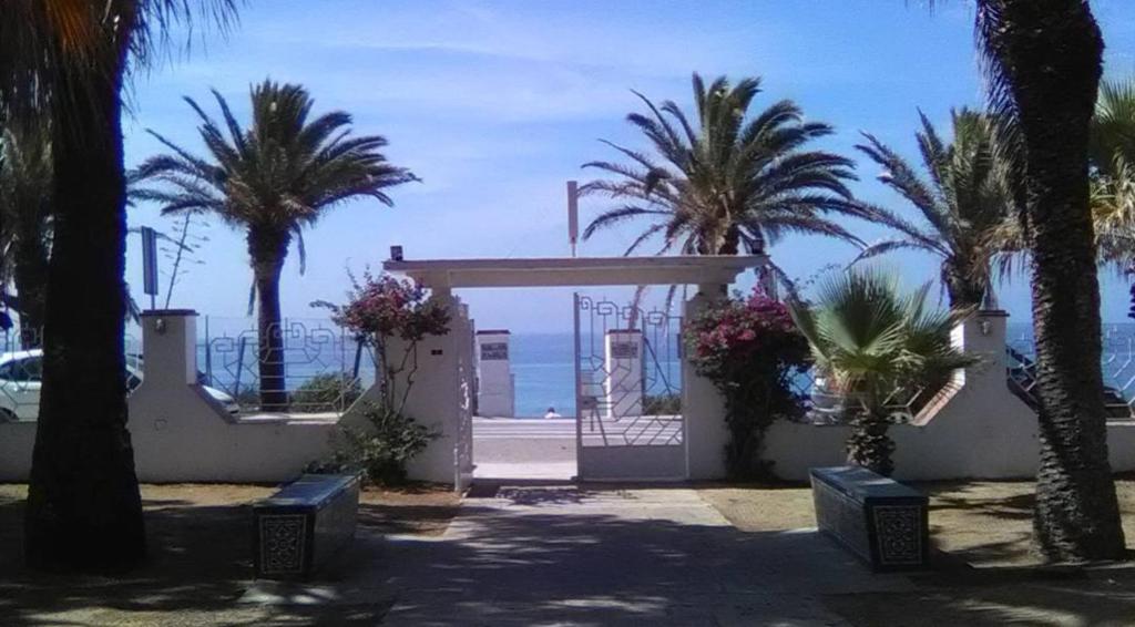 una puerta a una playa con palmeras y el océano en Guadalupe Hotel Boutique, en Los Caños de Meca