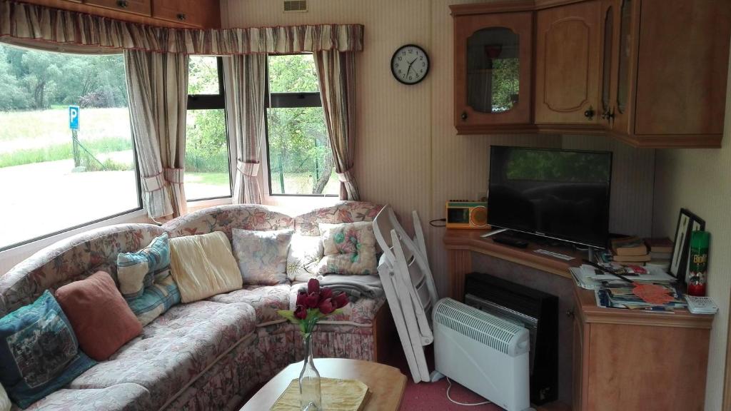 a living room with a couch and a tv at Mobilhome Camping Paradijs in Zlatá Koruna