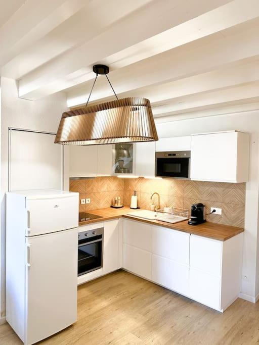 Il comprend une cuisine équipée d'un réfrigérateur blanc et d'un lustre. dans l'établissement La suite d'Aure, linge en option, à Vignec