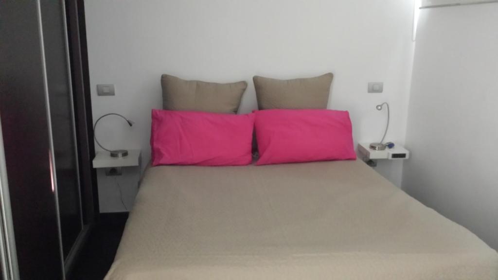 ein Bett mit zwei rosa Kissen in einem Zimmer in der Unterkunft Apartamento Paco in Playa del Ingles
