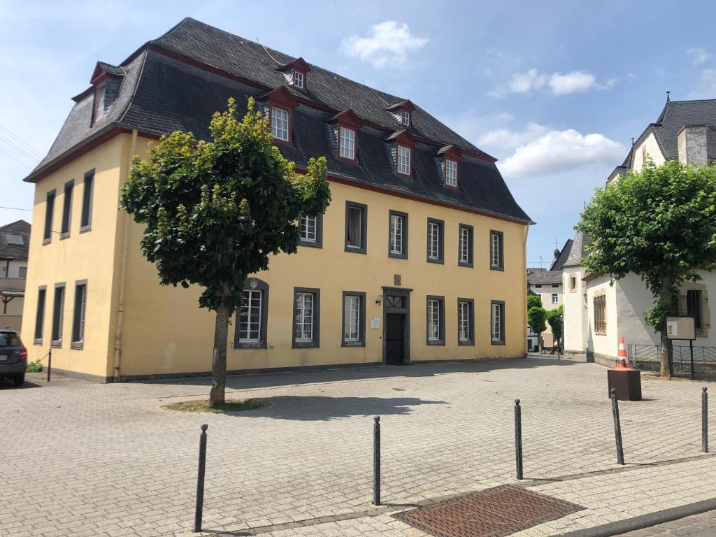 un gran edificio amarillo con un árbol delante de él en Nringrooms Hostel Adenau, en Adenau