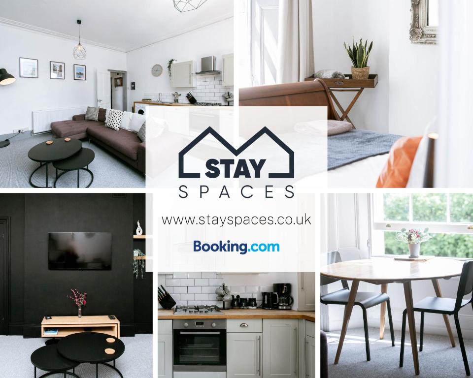 a collage of photos of a kitchen and a living room at Peaceful Apartment - Dedicated Free Parking - Walk to Centre, Uni, Hosp - Business and Leisure - Contact For Long Stays in Exeter