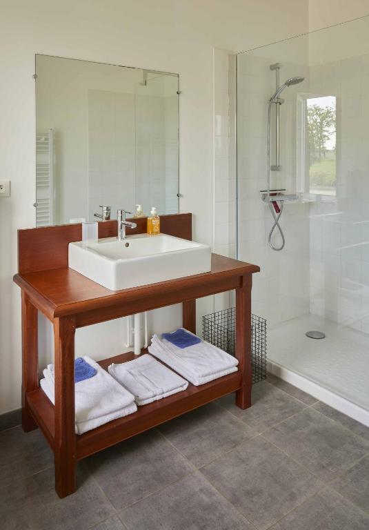 a bathroom with a sink and a shower and a tub at La Maison de Charlotte in Doudeville