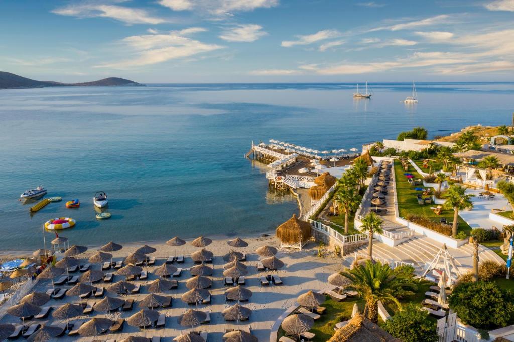 eine Luftansicht auf einen Strand mit Sonnenschirmen und dem Meer in der Unterkunft Design Plus Seya Beach Hotel in Alacati