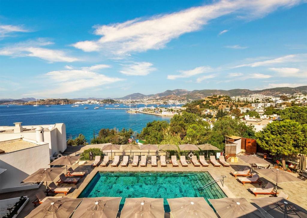 una piscina con sombrillas, sillas y agua en Senses Hotel - Adults Only, en Bodrum City