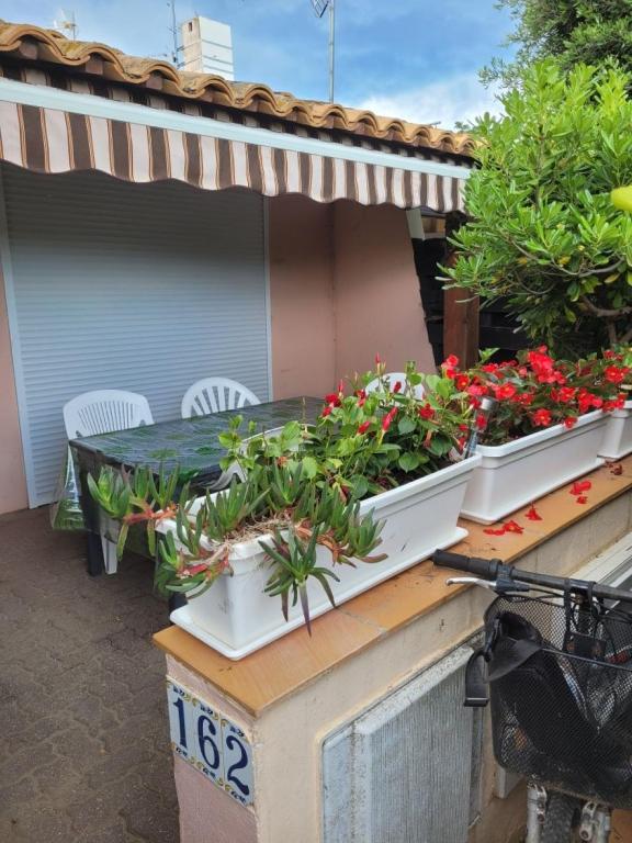 - une terrasse fleurie avec une table et des chaises dans l'établissement Port La Roquille- 162- Appart clim- 6 pers, au Cap d'Agde