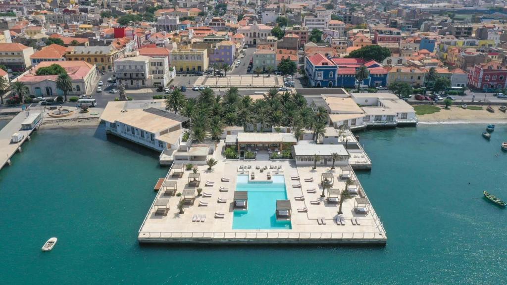 an aerial view of a resort in the water at Mansa Marina Hotel in Mindelo