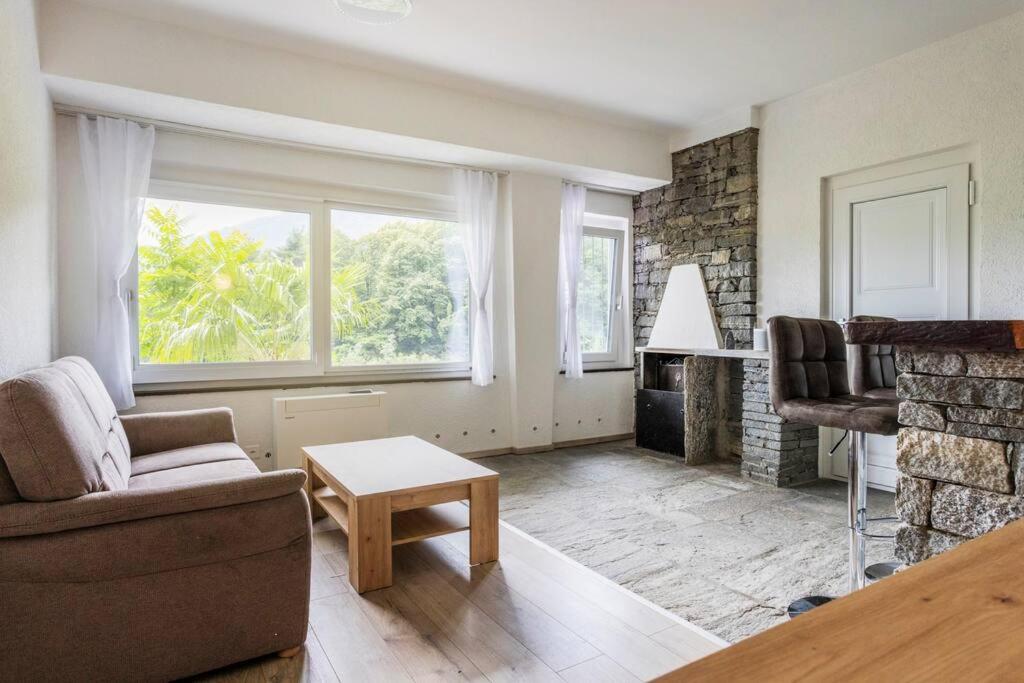 ein Wohnzimmer mit einem Sofa und einem Kamin in der Unterkunft Casa Magging un oasi nel verde in Locarno