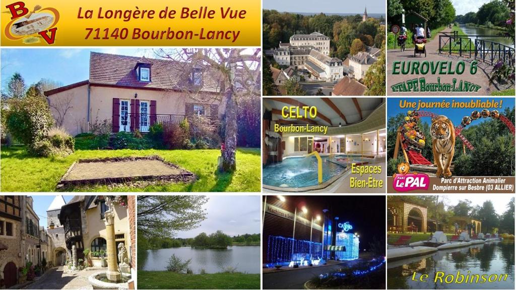 uma colagem de imagens de diferentes casas e quintais em Les Longères de Belle Vue - à 30' du Parc de Loisir du PAL em Bourbon-Lancy