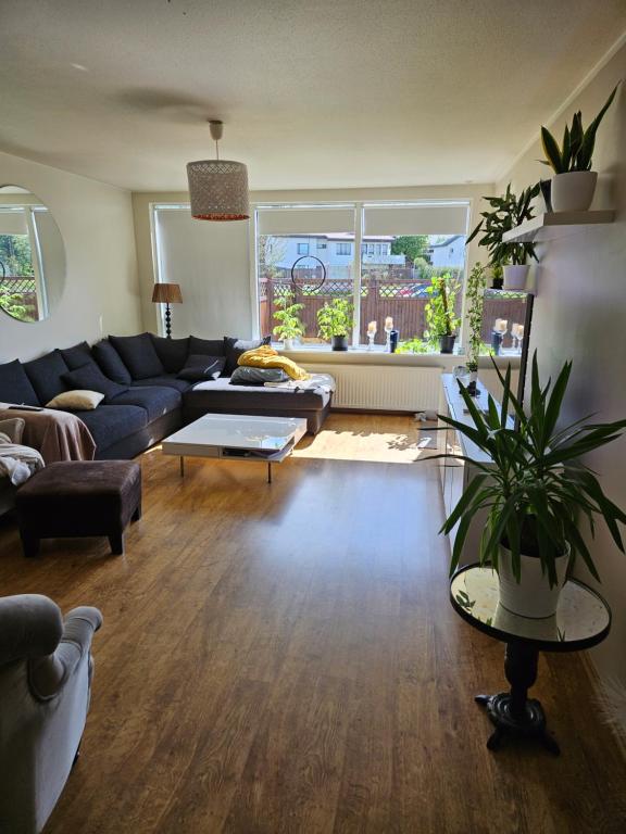 - un salon avec un canapé et une table dans l'établissement Charming apartment, à Reykjavik