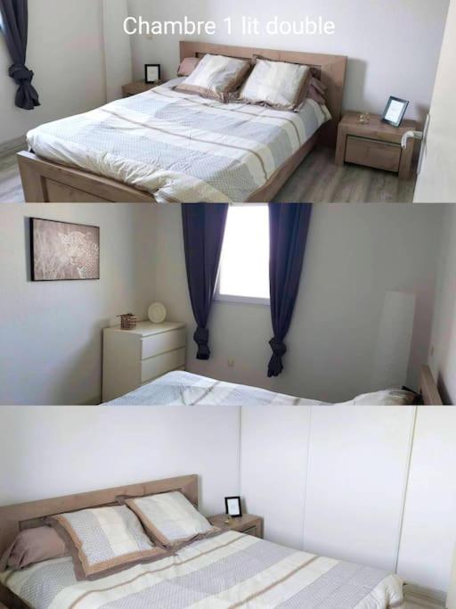 Een bed of bedden in een kamer bij Maison chaleureuse F3 avec 3piscines dans r&eacute;sidence