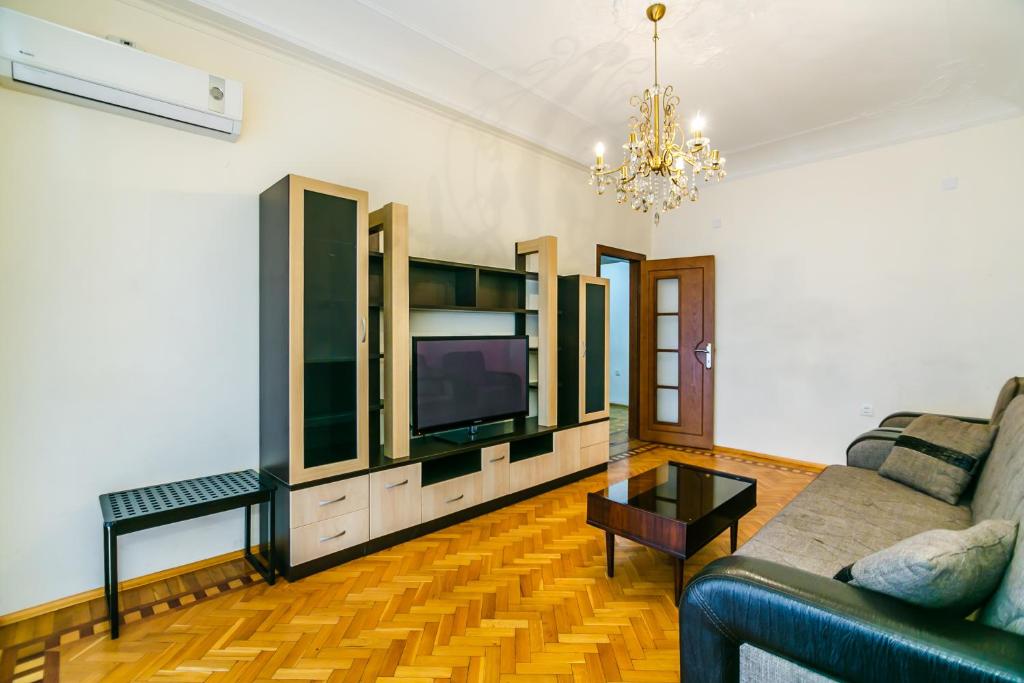 Deluxe Apartment 130 في باكو: غرفة معيشة مع أريكة وتلفزيون