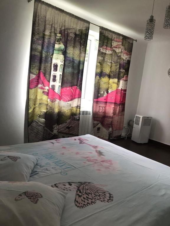 a bedroom with a bed and a window with a lighthouse curtain at Central Home in Piatra Neamţ