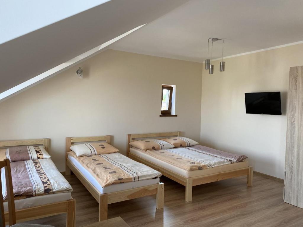 隱海市的住宿－Pokoje Gościnne „IKAR”，客房设有两张床和一台墙上的电视。