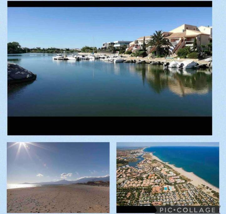 un collage de photos d'un port avec des bateaux dans l'eau dans l'établissement Appartement proche mer avec jardin, à Saint-Cyprien