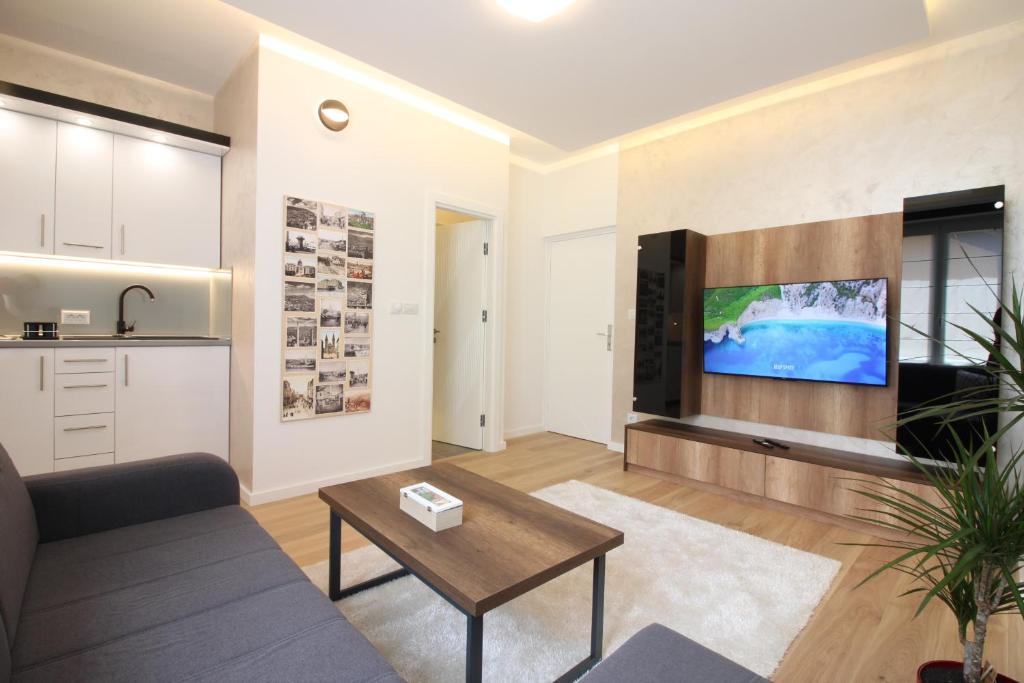 een woonkamer met een bank en een tv bij MAGIC Apartments in Sarajevo