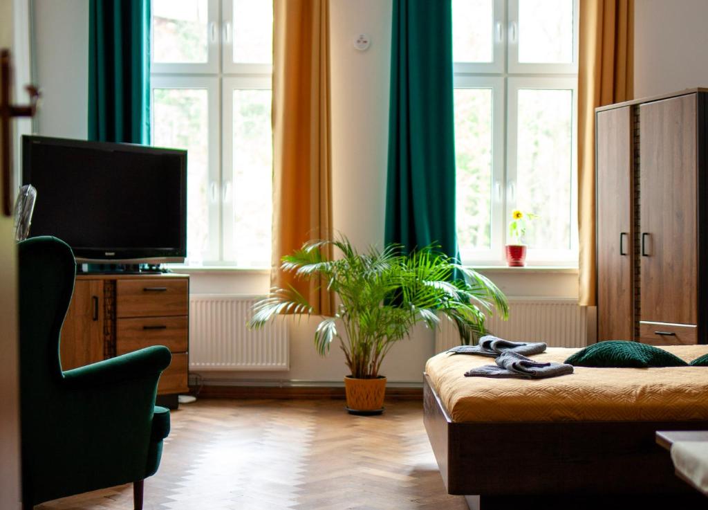 - une chambre avec un lit, une télévision et des fenêtres dans l'établissement Bailey Apartment, à Cracovie
