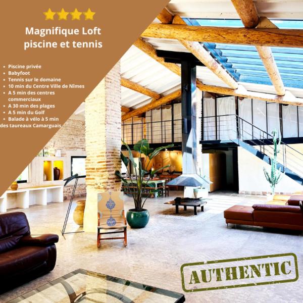 une page de magazine avec un salon avec des meubles dans l'établissement Magnifique Loft - Piscine - Tennis - Babyfoot, à Nîmes