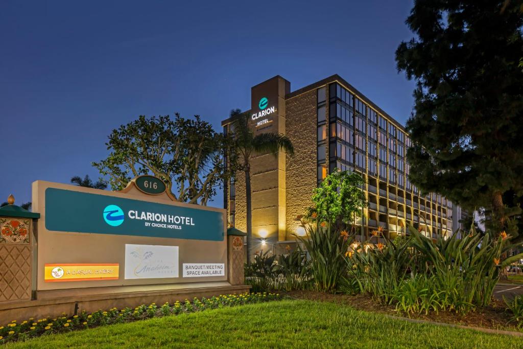 a hotel sign in front of a building at Clarion Hotel Anaheim Resort in Anaheim