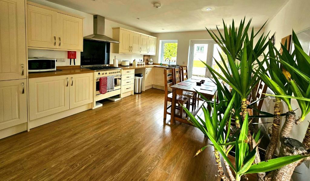 a kitchen with white cabinets and a table with a plant at Yucca cottage in Kendal