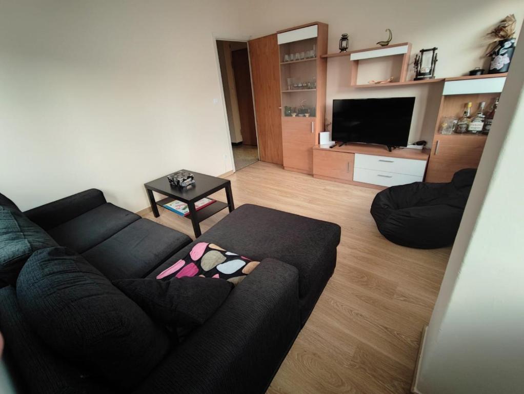 ein Wohnzimmer mit einem schwarzen Sofa und einem TV in der Unterkunft PISO RAPADOIRA in Foz