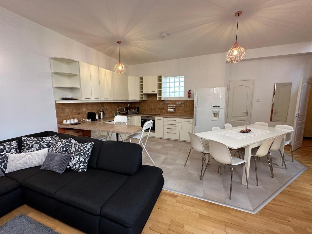 布達佩斯的住宿－Centroom Apartment Budapest，带沙发和桌子的客厅以及厨房。