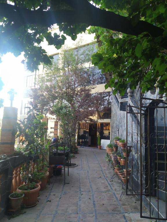 a courtyard with potted plants and a fence at Hostal Alejandra in Sucre