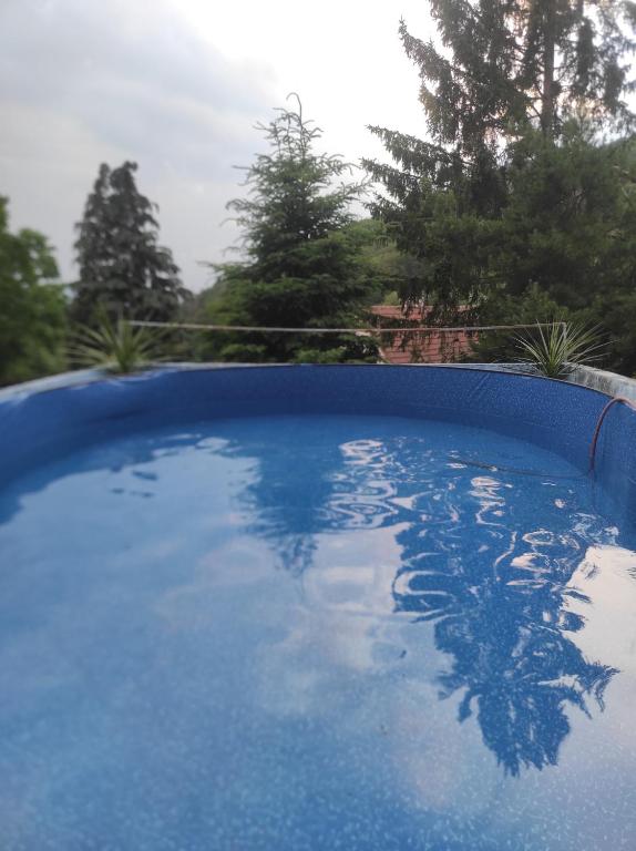 una piscina azul con reflejo en el agua en Chata Hvězdička en Litoměřice