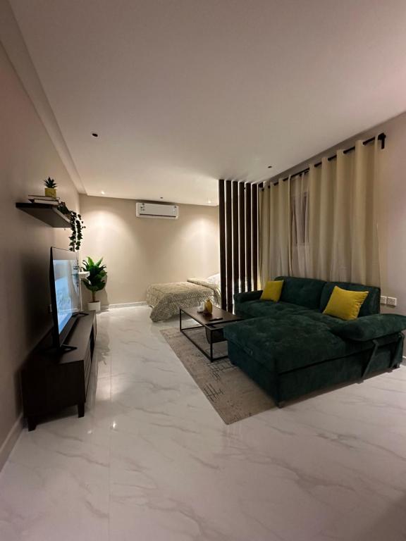 استديو مودرن فاخر - دخول ذاتي في الرياض: غرفة معيشة بها أريكة خضراء وتلفزيون