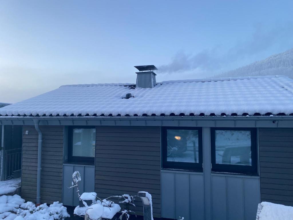 a house with a snow covered roof on top of it at Hochheide Lodge in Winterberg