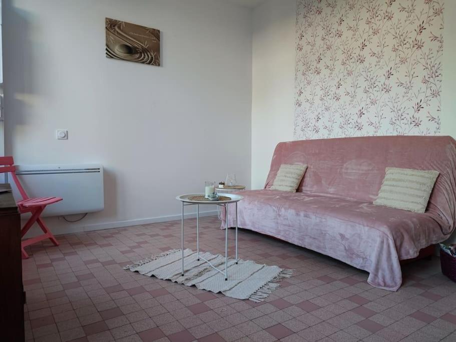 a bedroom with a pink bed and a table at Studio avec une cour. in Joigny