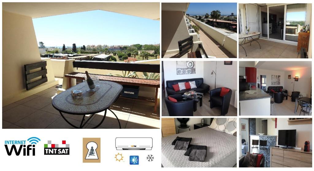 un collage de photos d'un salon et d'une cuisine dans l'établissement Le Rouge et Le Noir 45 m2 sur Coursives Gde Terrasse Port Nature Naturiste, au Cap d'Agde