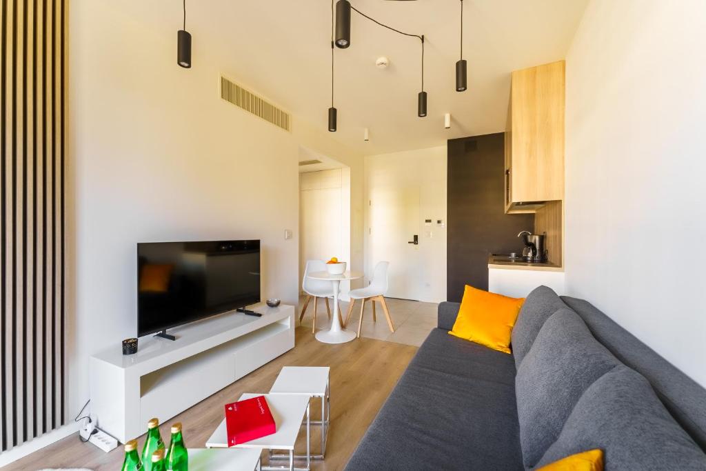 a living room with a couch and a tv at Apartament Shellter Design przy plaży- Rogowo in Rogowo